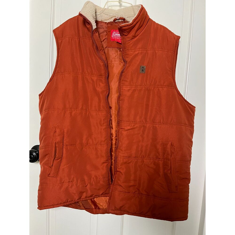 Coleman Men's L Puffer Vest Burnt Orange Sherpa Collar Quilted Outdoor